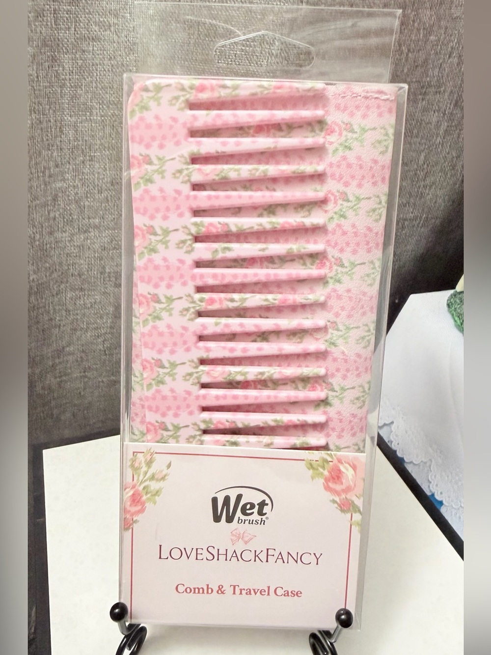 LoveShackFancy Pink Floral Wide-Tooth Comb with Matching Travel Case